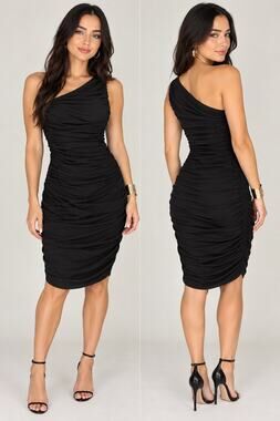 NWT Abbeline LBD Draped Rouched One Shoulder Black Dress - Size M